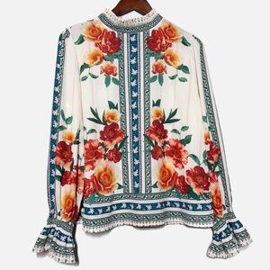 Jealous Tomato floral high neck long sleeve spring blouse L smocked cuffs neck